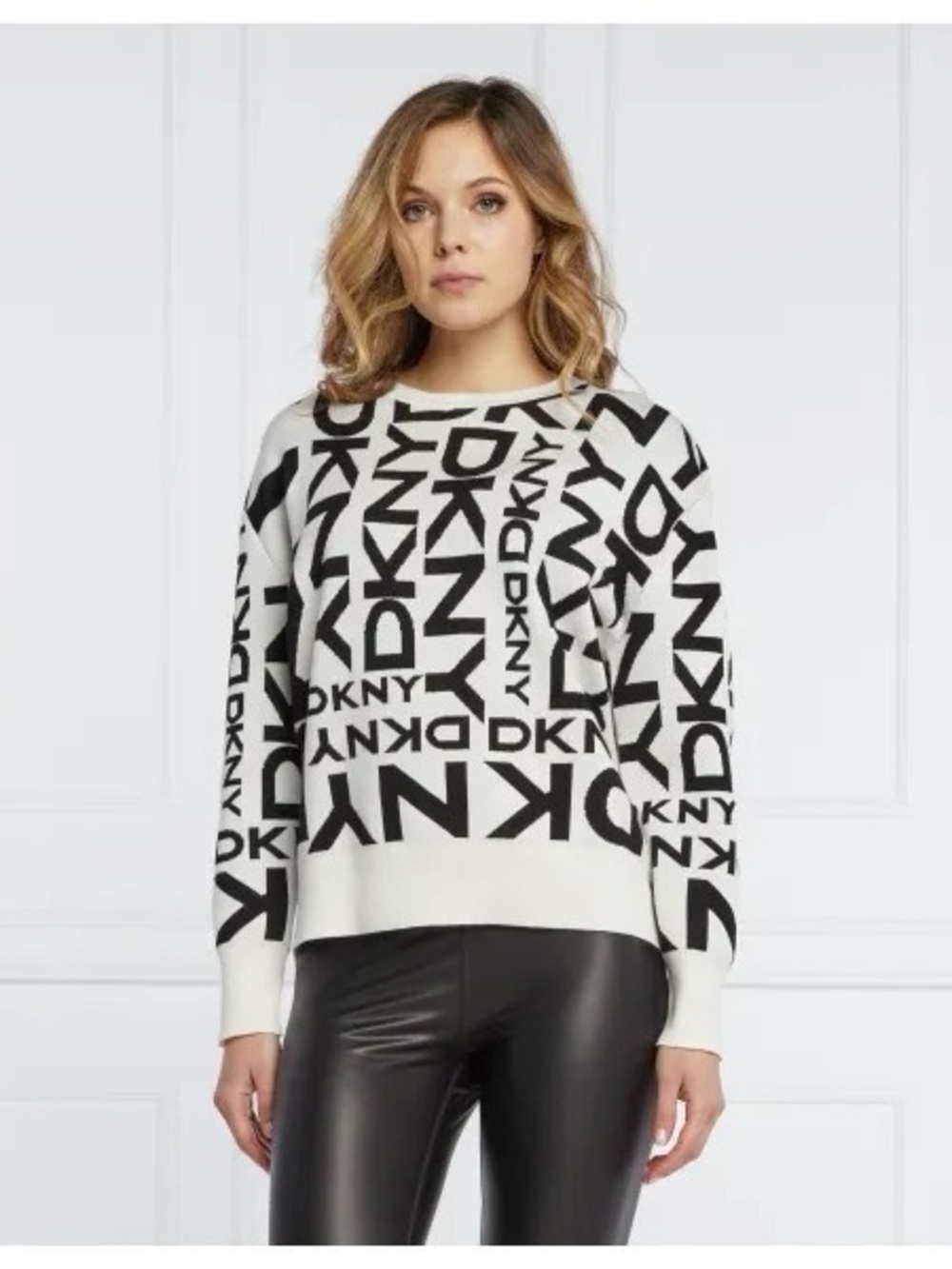 DKNY White and Black Logo Pullover Sweater